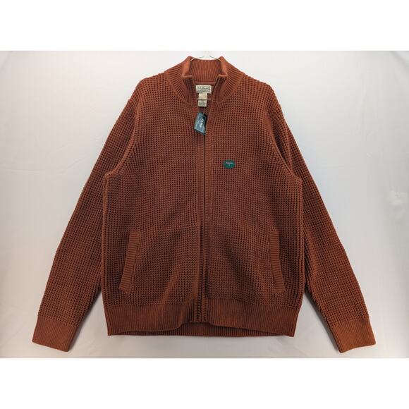 NWT L.L. Bean Men's Organic Cotton Waffle Full Zip Sweater in Rust Orange sz L - Picture 1 of 4